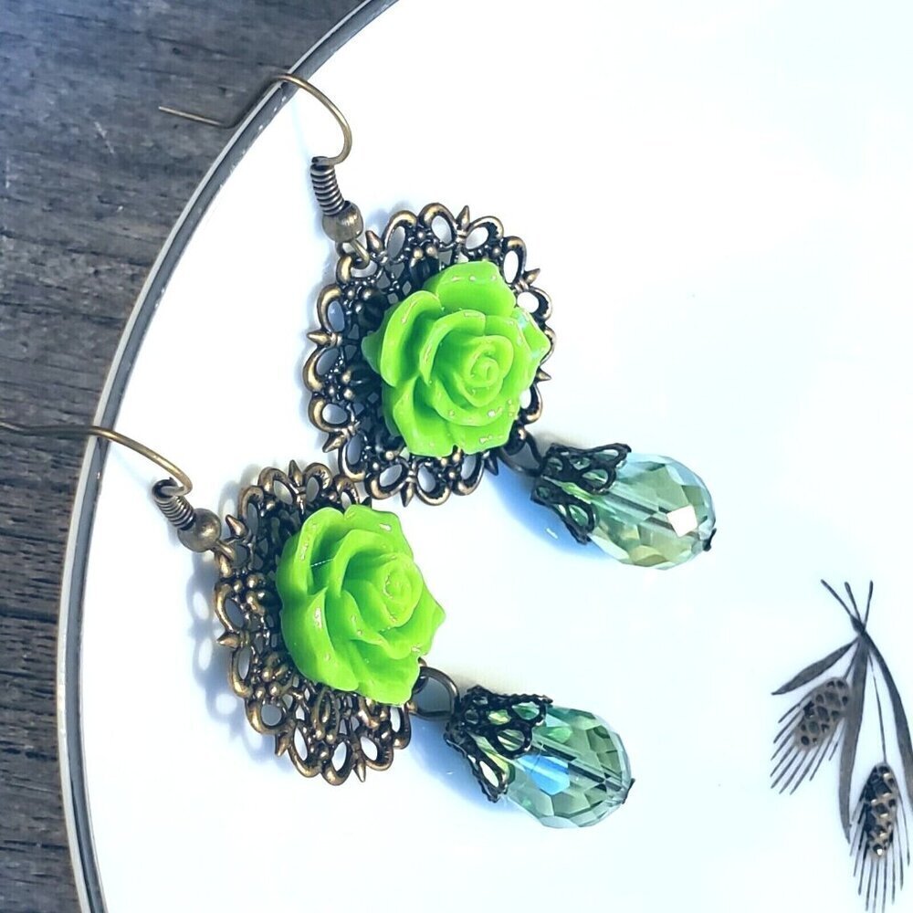 Green Rose Cabochon Teardrop Cut Crystal Bronze Filigree Earrings